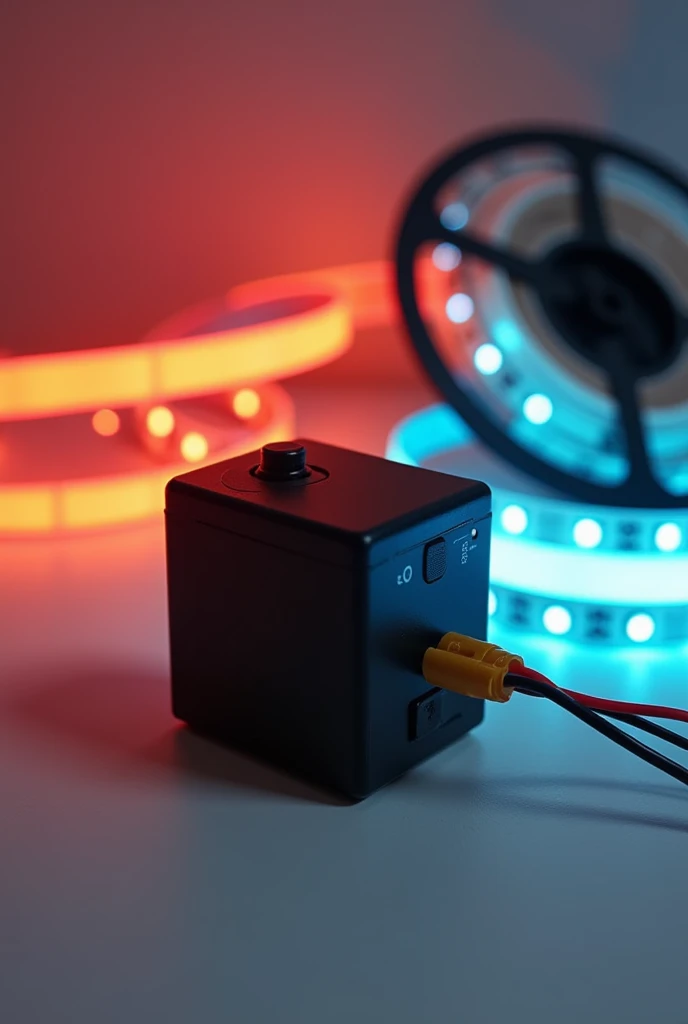 Create a small black box with three wires coming out of it that are red, black and yellow, On this side there is a roll of LED strips