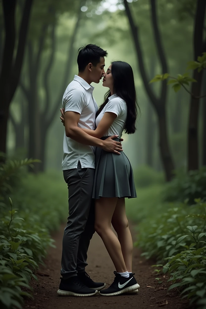Romantic. Young indonesian Couple. both of them were wearing high school uniforms with white tops and gray bottoms, black nike shoes, (romantic lift hug). detail face. in the dark dense forest,tight dress,tight school dress,sexy figt