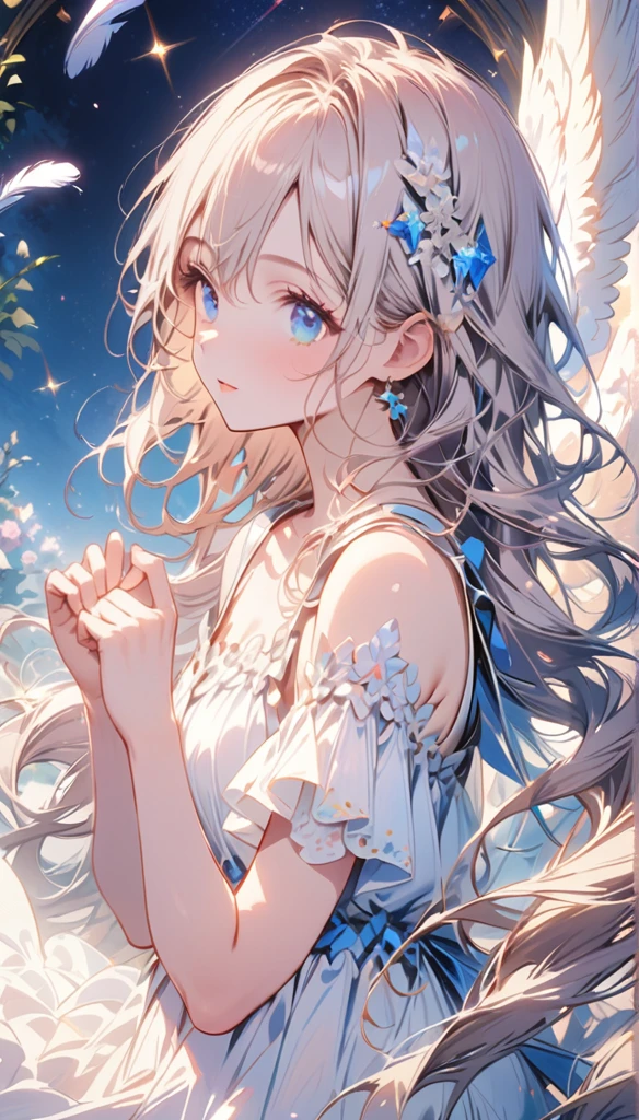 (best quality:1.2),(hands finger 5 digits:1.3),(extremely delicate and beautiful:1.3),(detailed ultra detailed:1.2),(scenery clear details:1.2),(scenery crystal clear :1.2),(solo),(blue eyes),(long white long hair),(white dress),(angel wings),(floating white feathers,starry sky),(clusters of stars,starry sky),(glinting stars),(solo),(long silver long hair),(best quality:1.2),(hands finger 5 digits:1.3),(extremely delicate and beautiful:1.3),(detailed ultra detailed:1.2),(scenery clear details:1.2),
