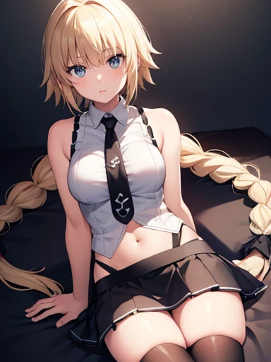 masterpiece,best quality,high resolution,jeanne darc, blonde hair, blue eyes, long hair,bare shoulders, black necktie, black thighhighs, braid, long braid, miniskirt, navel, necktie, shirt, single braid, sleeveless, sleeveless shirt, thighhighs, white shirt