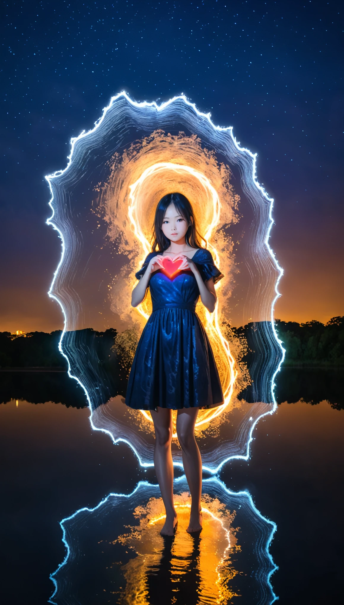 in style of Albert Pinkham Ryder,in style of Bruce Nauman, Chiharu Shiota
character concept design,1girl,half body,incredibly long hair,darkblue light painting,time-lapse photography,{diffuse gradient:1.3},{colorful heart:1.2},darkblue dress,(gravure_pose:1.8),night,reflection,water surface