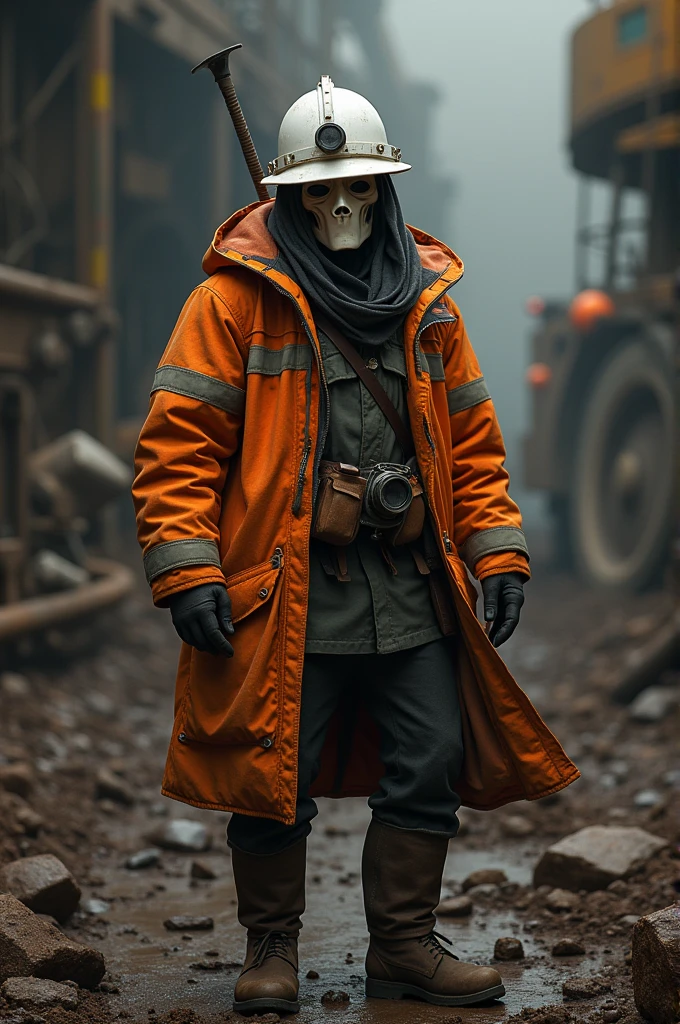Zorro, disguised as a miner, wearing a white helmet, orange jacket, safety shoes, and a surveying crown.