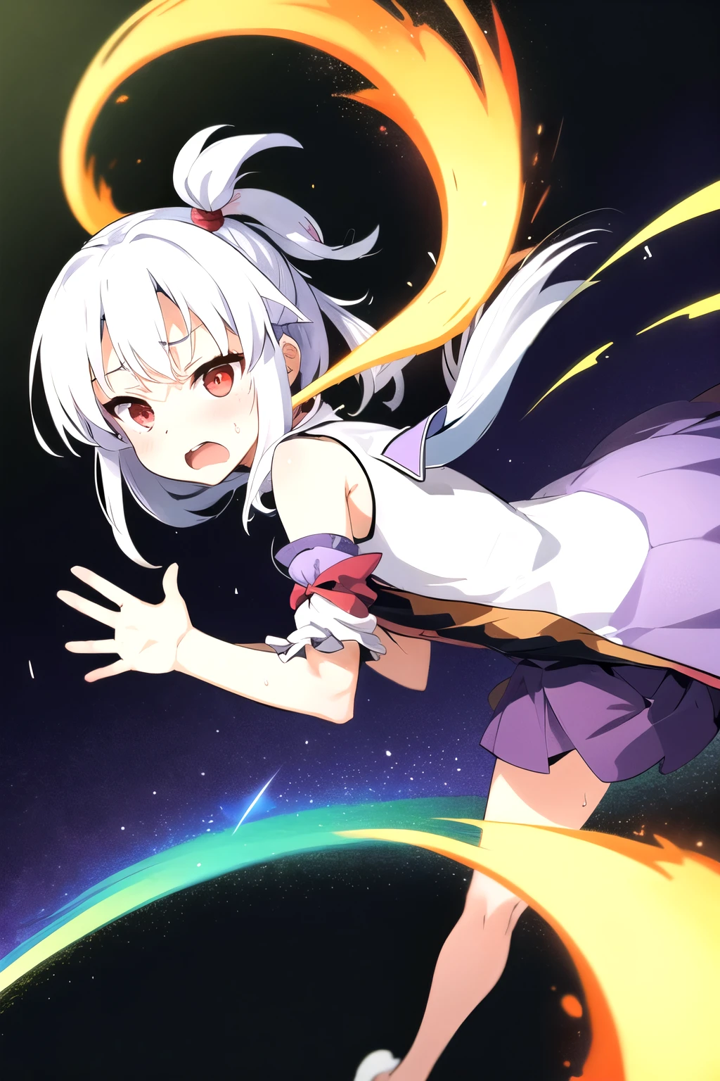1girl,colored pencil (medium),miyauchi_renge,sanpaku,jitome,white hair,red eyes,chestnut_mouth,,goodbye ,non_non_biyori,low_angle,dynamic_action
(Negative)low quality,worse hand,pencil,sweat