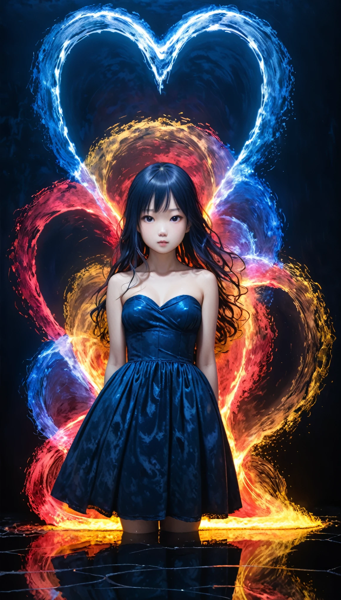 in style of Albert Pinkham Ryder,in style of Bruce Nauman,  Chiharu Shiota
character concept design,1girl,half body,incredibly long hair,darkblue light painting,time-lapse photography,{diffuse gradient:1.3},{colorful heart:1.2},darkblue dress,(gravure_pose:1.8),night,reflection,water surface