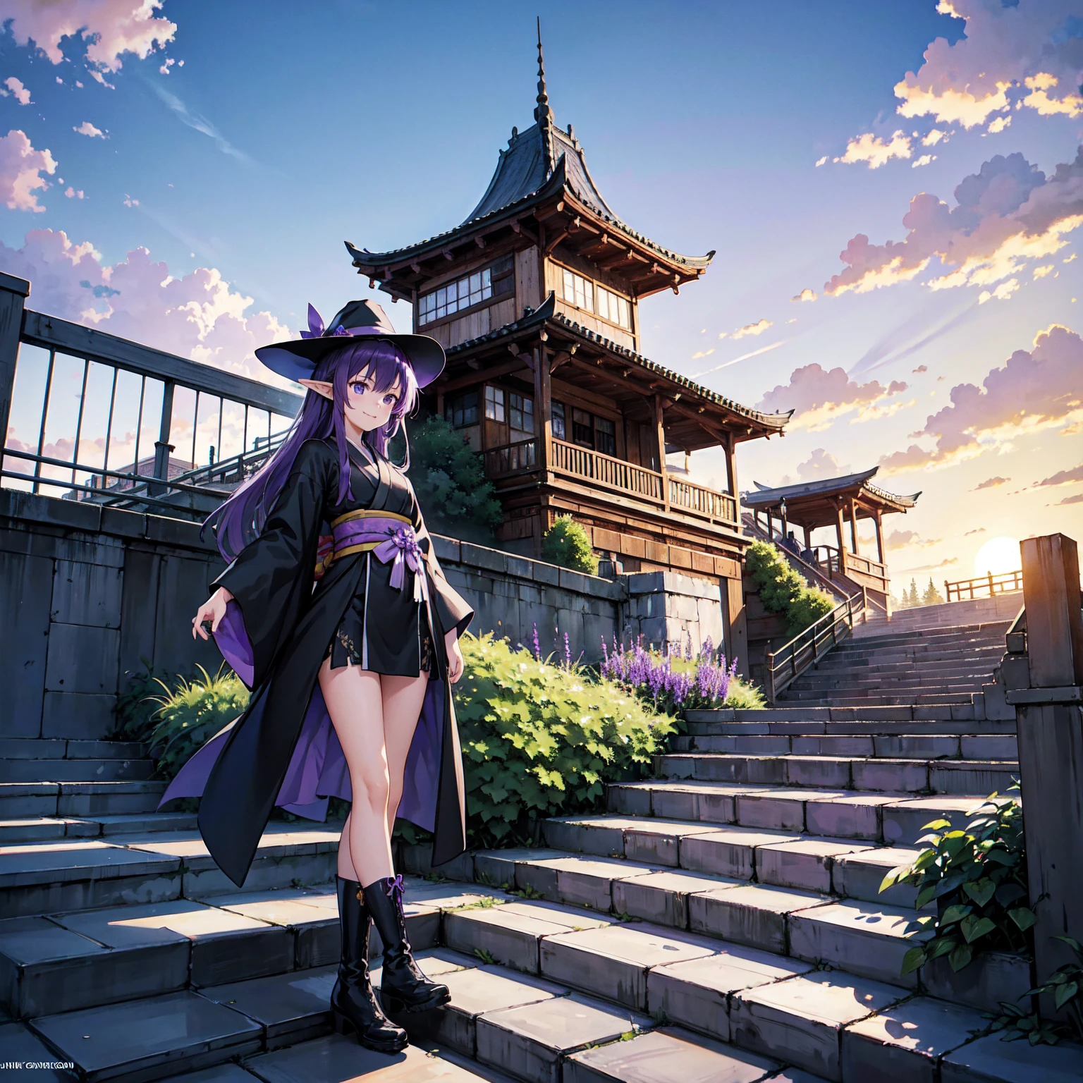 A girl with long violet-purple hair. A kind, full smile. Pointy elf ears. Her clothes are simple: a black robe with wide sleeves and a black miniskirt. Her knees are showing. There is a V-shaped white insert in the front, like a kimono. A witch's hat with purple ribbons on each side. Black boots. Background, bright painting, Makoto Shinkai, only endless stairs, long floating stairs, floating stairs in the air, stairs above clouds, illustration, nostalgic, vivid, bright, sunset. A maze of connected stairs. A labyrinth of stairs. Not touching land. A simple iron staircase. Decaying old staircase. An overpass. An iron bridge. No land. No walls. Only a simple iron staircase.