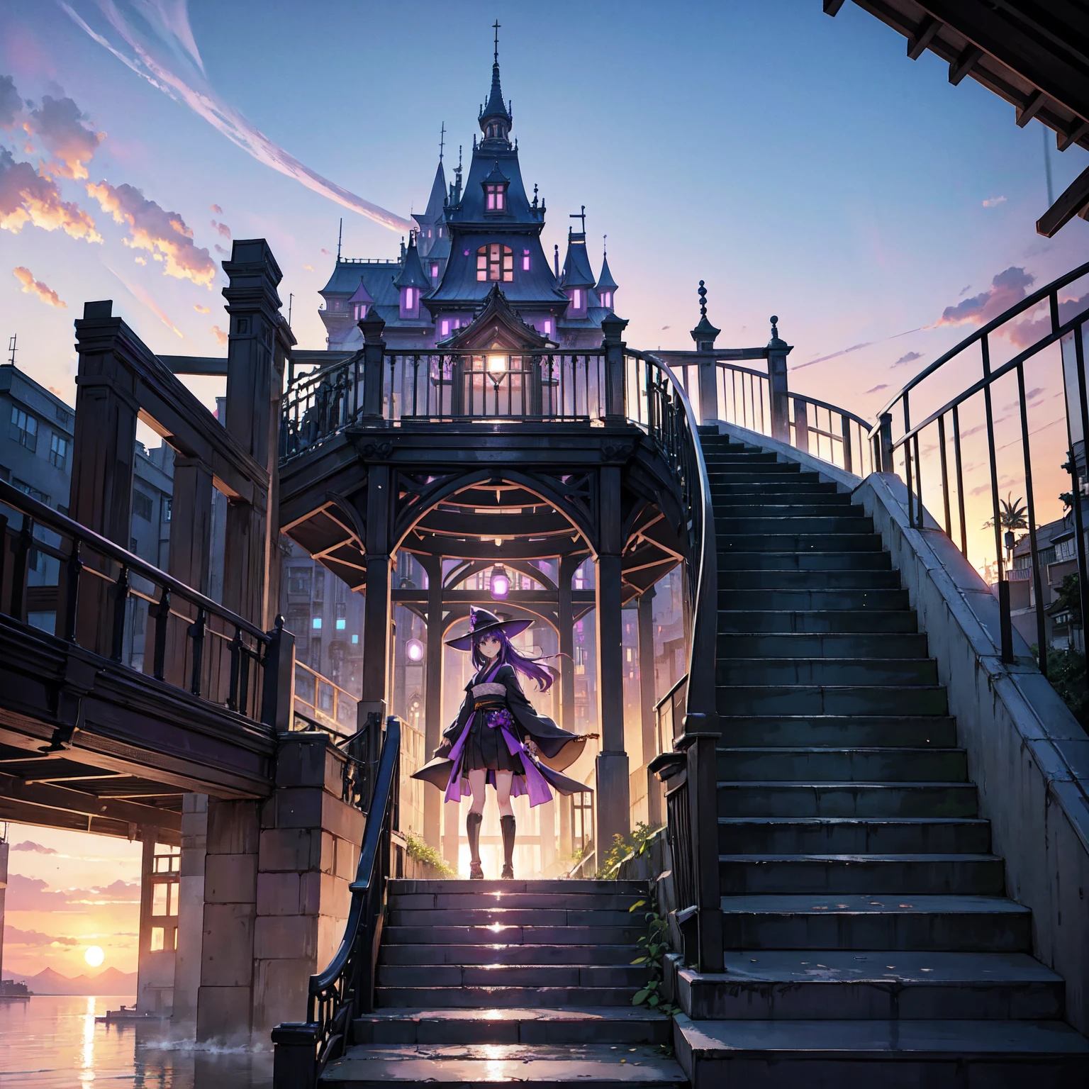 A girl with long violet-purple hair. A kind, full smile. Pointy elf ears. Her clothes are simple: a black robe with wide sleeves and a black miniskirt. Her knees are showing. There is a V-shaped white insert in the front, like a kimono. A witch's hat with purple ribbons on each side. Black boots. Background, bright painting, Makoto Shinkai, only endless stairs, long floating stairs, floating stairs in the air, stairs above clouds, illustration, nostalgic, vivid, bright, sunset. A maze of connected stairs. A labyrinth of stairs. Not touching land. A simple iron staircase. Decaying old staircase. An overpass. An iron bridge. No land. No walls. Only a simple iron staircase.