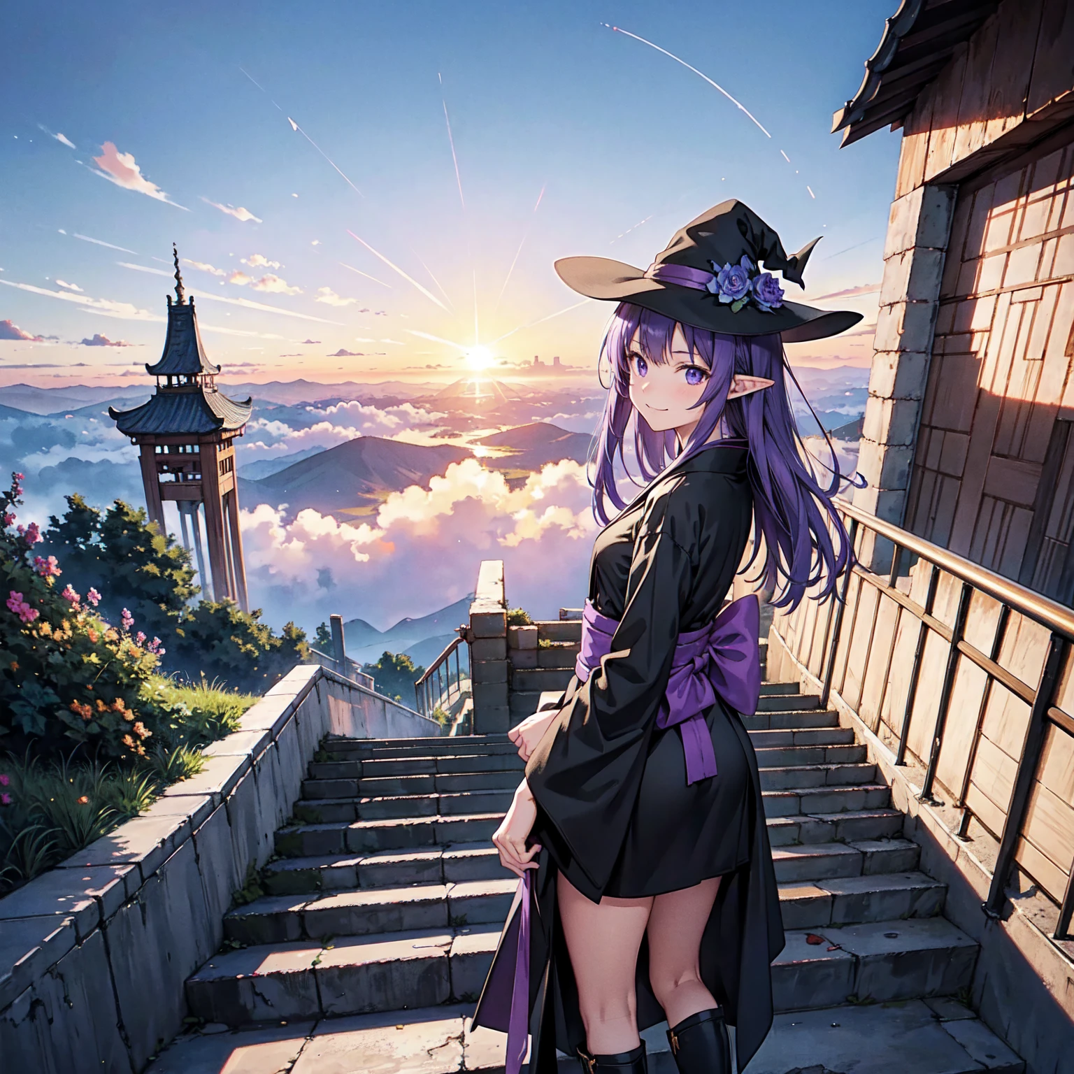 A girl with long violet-purple hair. A kind, full smile. Pointy elf ears. Her clothes are simple: a black robe with wide sleeves and a black miniskirt. Her knees are showing. There is a V-shaped white insert in the front, like a kimono. A witch's hat with purple ribbons on each side. Black boots. Background, bright painting, Makoto Shinkai, only endless stairs, long floating stairs, floating stairs in the air, stairs above clouds, illustration, nostalgic, vivid, bright, sunset. A maze of connected stairs. A labyrinth of stairs. Not touching land. A simple iron staircase. Decaying old staircase. An overpass. An iron bridge. No land. No walls. Only a simple iron staircase.