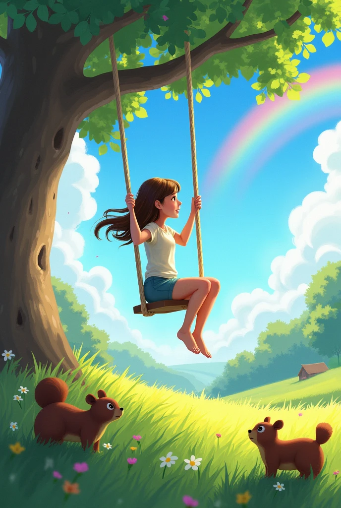 A girl swings in the three watching the beautiful nature with rainbow the swinging tree in grass land and there are some squirrels and beers
