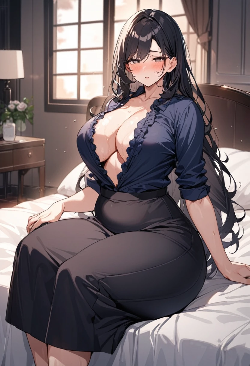 elegant mature woman,tender and gentle face,mature face,modest mature housewife,navy frilled shirt,black hair,at rich home,curvy,straight hair,oval face,on bed,thin eyes,blushed,wet skin,opened shirt,