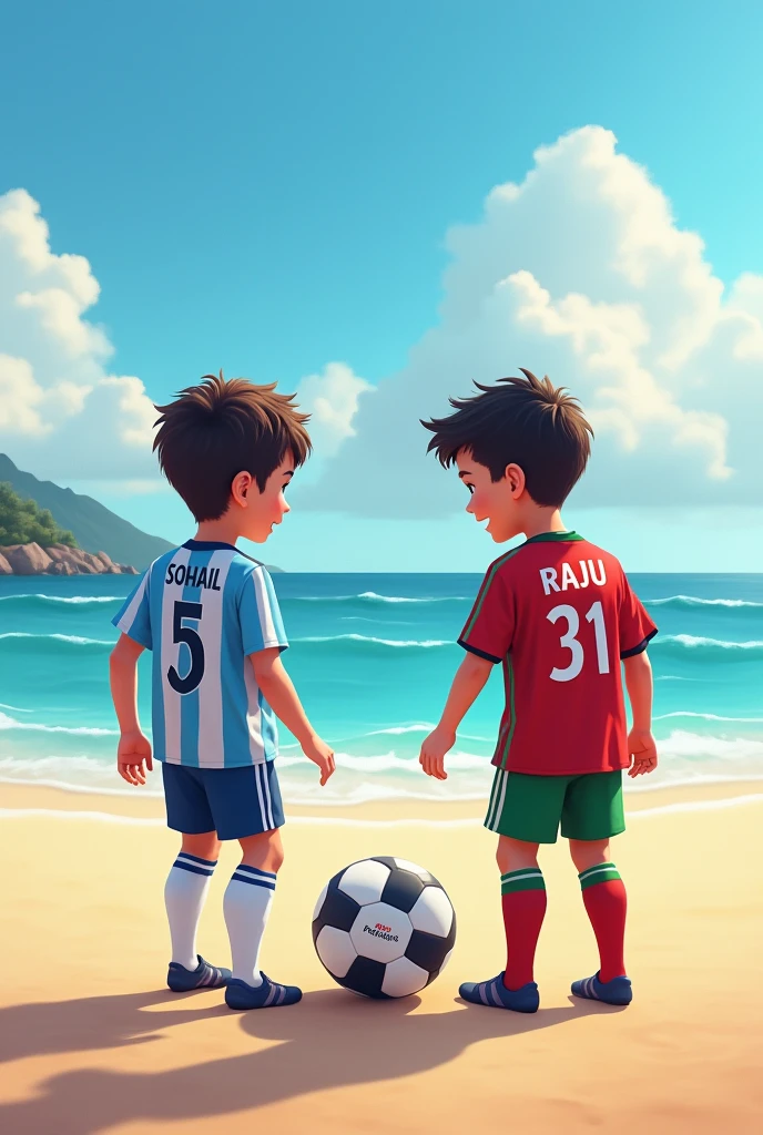 Two boys one wearing Argentina football jersey with name SOHAIL and number 5and another wearing purtugal football jersey number 31and name raju footballs under they feets background beach