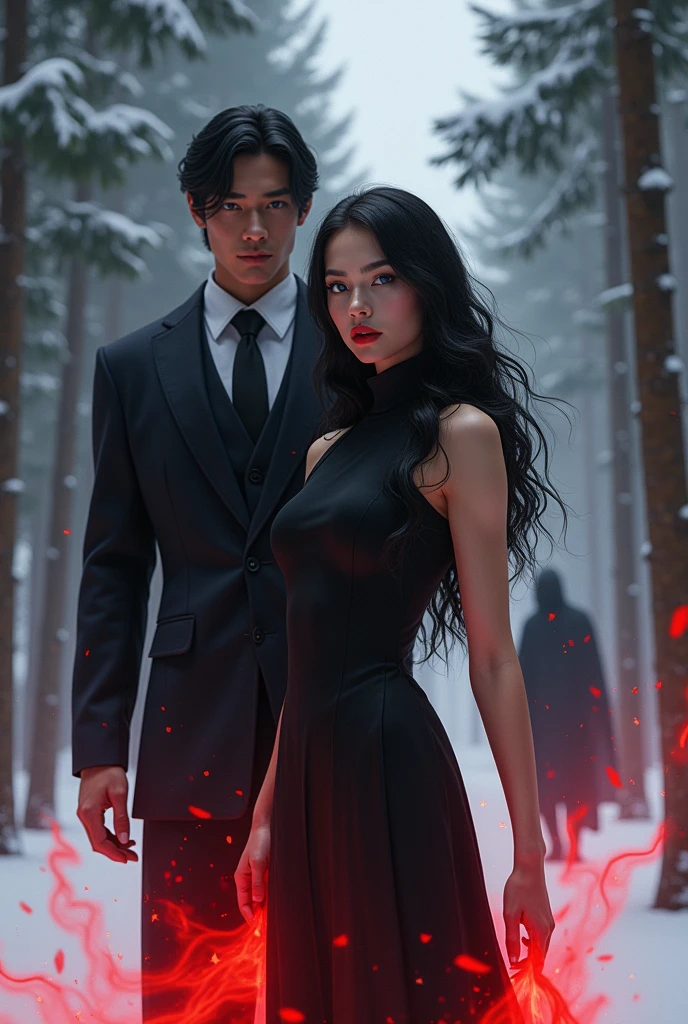 Generate an image of a young woman, long wavy black hair, black high neck dress, blue eyes, Red lips, red energy coming out of it, in a snowy pine forest, next to a muscular young man, With a suit, medium black hair, In the background a hooded man dressed in black with his face covered