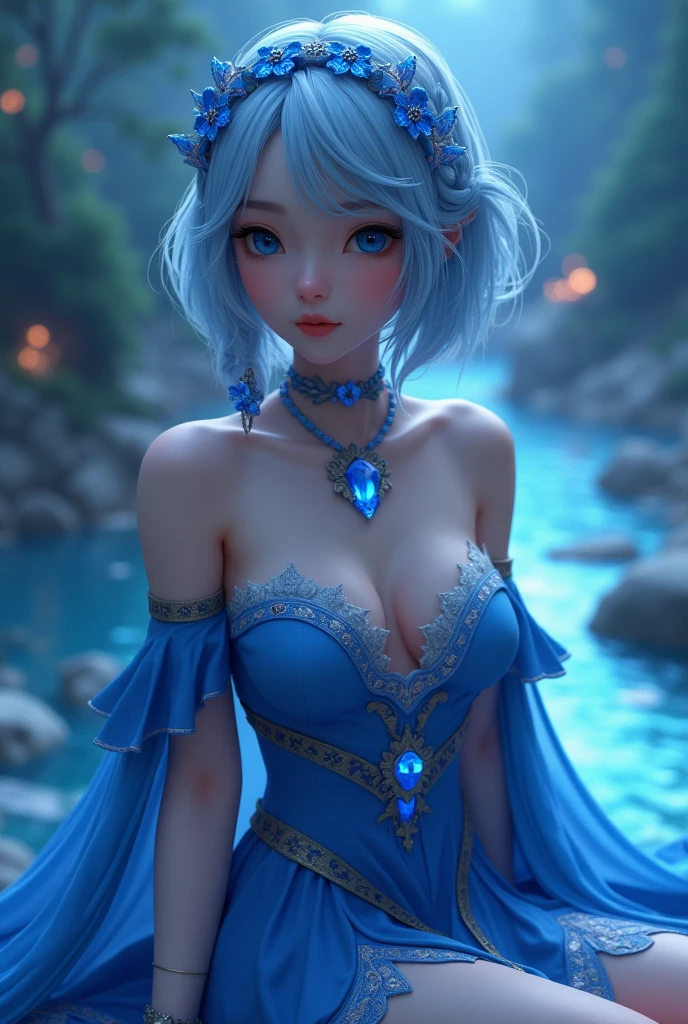 3d model, beautiful woman, Asian, wearing mage fantasy dress with half chest, Wearing a blue scarf, wear short cape, short Bob hair with braid on the side, Light blue hair, sitting by the river at night in a fantasy world. Lapis lazuli blue eyes. Crystal lapis lazuli colored necklace.Wearing a blue headband with crystal flowers. Knee length short skirt.
