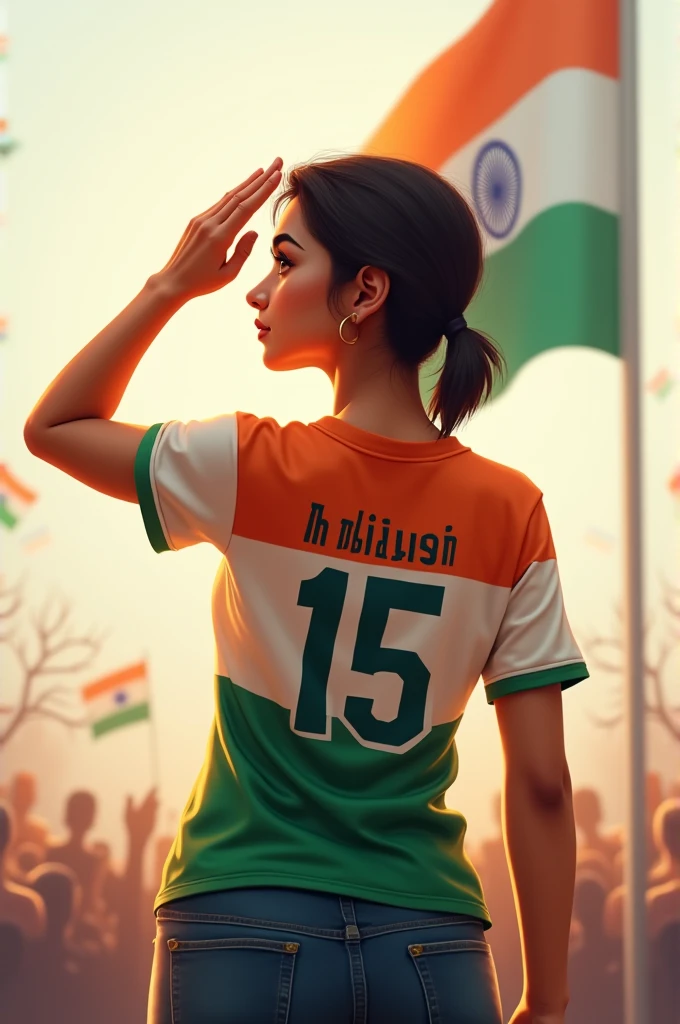 A 25 years girl salutes the national flag of Bharat and he is wearing a shirt print is like Bharat flag and “Ritesh” and 15 number and republic day in small written on it’s back in big and bold fonts, 3d illustration