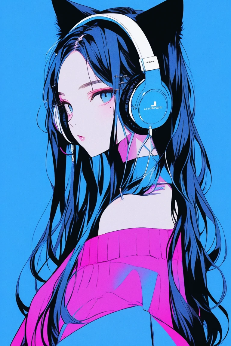 ((masterpiece,Highest quality)), 8k, anime , Realistic ,sketch, anime風のポートレート, (((黒猫を連れたanimeの女性))), 20-year-old, Blue gradient background, Off-the-shoulder knit, Neon long twin tail hair, lip, Big earrings, Wear headphones, Texture Trim, Canadian, Upper Body, (masterpiece,Highest quality)