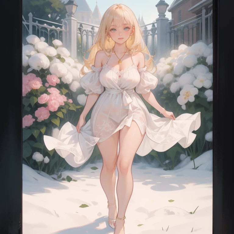 Anime Kawaii sexy Perfect Slim sensual body large breast and huge thighs, An intricate and highly detailed illustration of anime (Young girl)  An extremely beautiful stunning woman with a perfect busty body, gold blonde long silky hair, big blue eyes, extremely super bright snow white fair stunning flawless glowing lush shiny flawless white skin, a perfect tight hourglass figure, and a skinny waist, sexy thick smooth luscious legs, and thighs, extremely cute smile on the face, bright pink blushes on cheeks, wearing a tight knee-length white floral dress, pink off-shoulder sweater, yellow heels, gold necklace on the neck, gold anklets on feet, gold chain on the waist, standing straight, holding a chocolate bar, garden in the background, show full body from head to feet.
