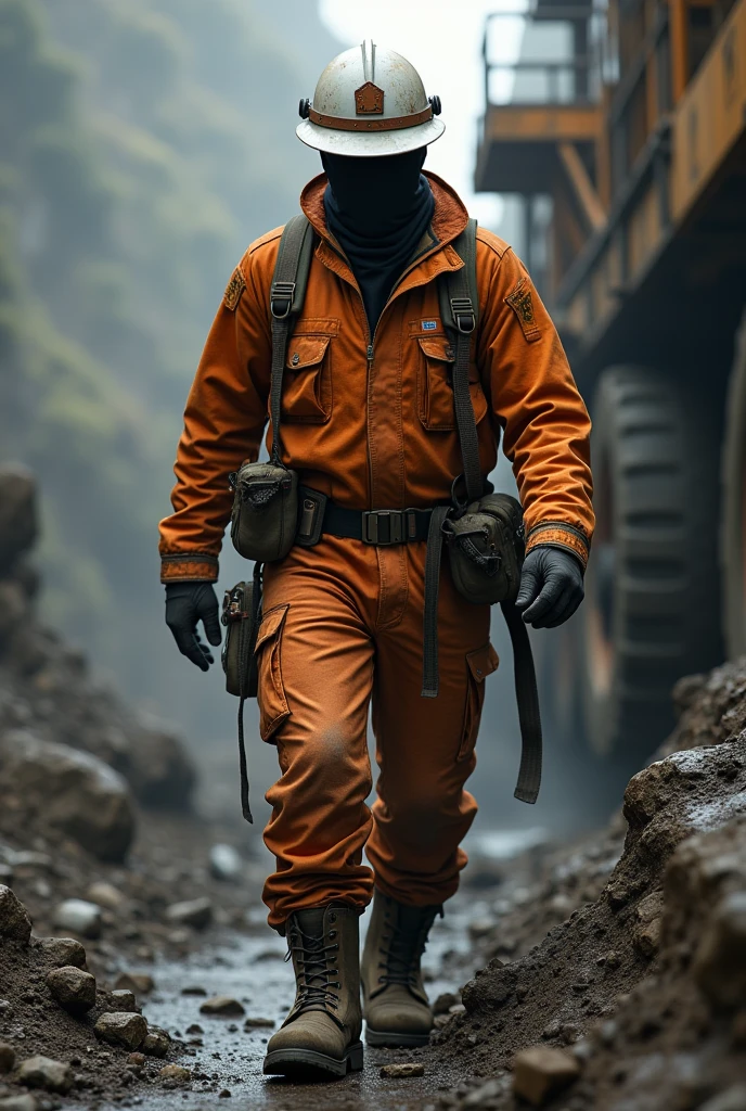 Zorro, disguised as a miner, wearing a white helmet, orange jacket, safety shoes, and a surveying crown.