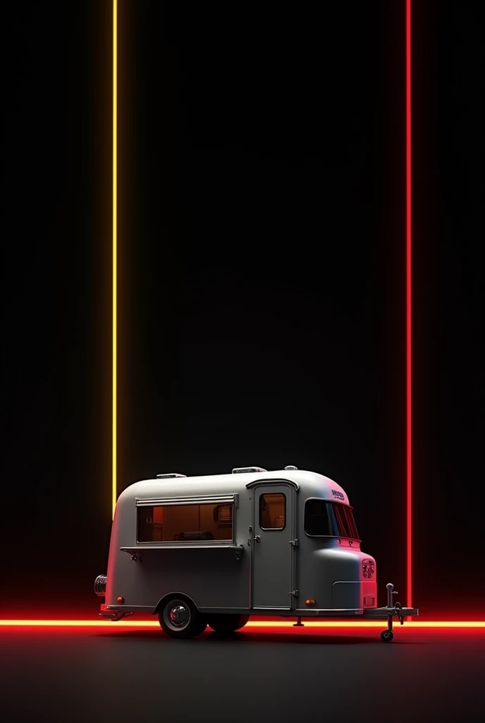 hot dog trailer, black background with two lines, 1 yellow and 1 red