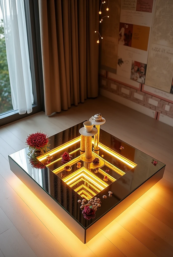 Small square coffee table handcrafted, featuring a two-way mirrored glass top that reflects a stunning visual effect inside that resembles a tunnel, a deep, endless well, and an endless staircase lit from the inside with warm golden LED lighting. The walls are covered with wallpaper, brick and paper that mimic the look of 3D textured wallpaper.. The table is decorated with simple decorations such as golden pedestals, small flowers, a cake and nuts, and contains a red rose and a tea cup. . The table is placed on a light-colored wooden floor.. The table design combines simplicity and elegance with a touch of modernity, making it a distinctive piece of art in any room or living room.