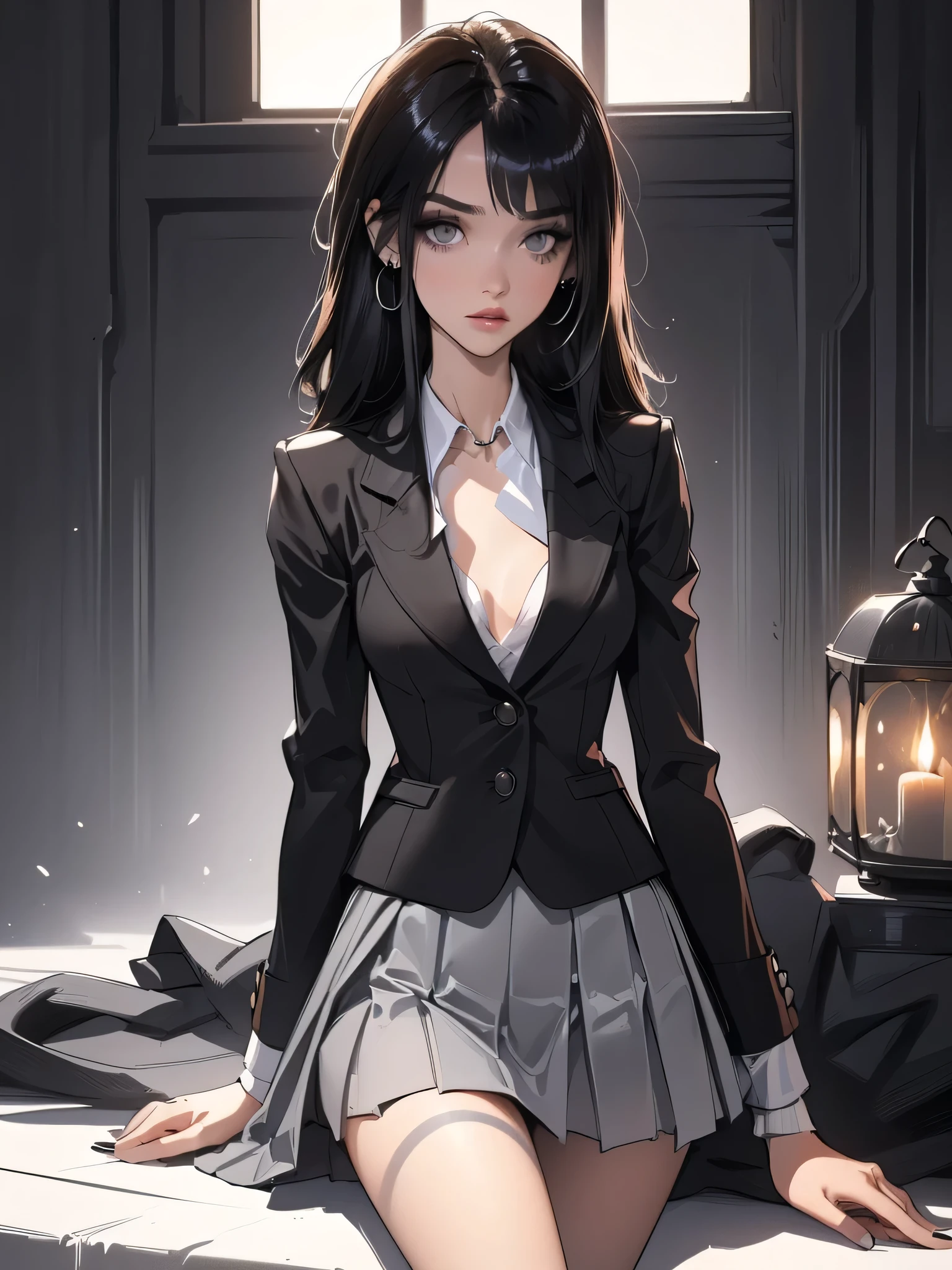 (best quality: 1.2), clean face, (masterpiece: 1.2, 8k) perfect anatomy, 1 girl) a beautiful fashion model ,(masterpiece, official art, best quality shiny hair, straight black hair with streaks in hair, full lips, small breasts, blazer school uniform, short skirt, thong straps, (dark makeup, piercings), shiny breasts,shiny skin, looking at viewer, long abdomen, horizontal, lounging, a single girl, (((side swept bangs))), gray eyes, (slender, skinny, slight frame, small breasts)