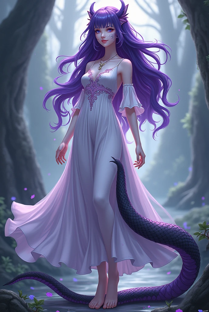 Medium height girl. Swamp-colored hair, with some purple strands. Snow-white skin with scales makeup on the face. They lack legs, they are replaced by a black tail with purple streaks. dressed in a beautiful dress. anime style , Yuan-ti race from D&D , half snake , she has a tail instead of legs