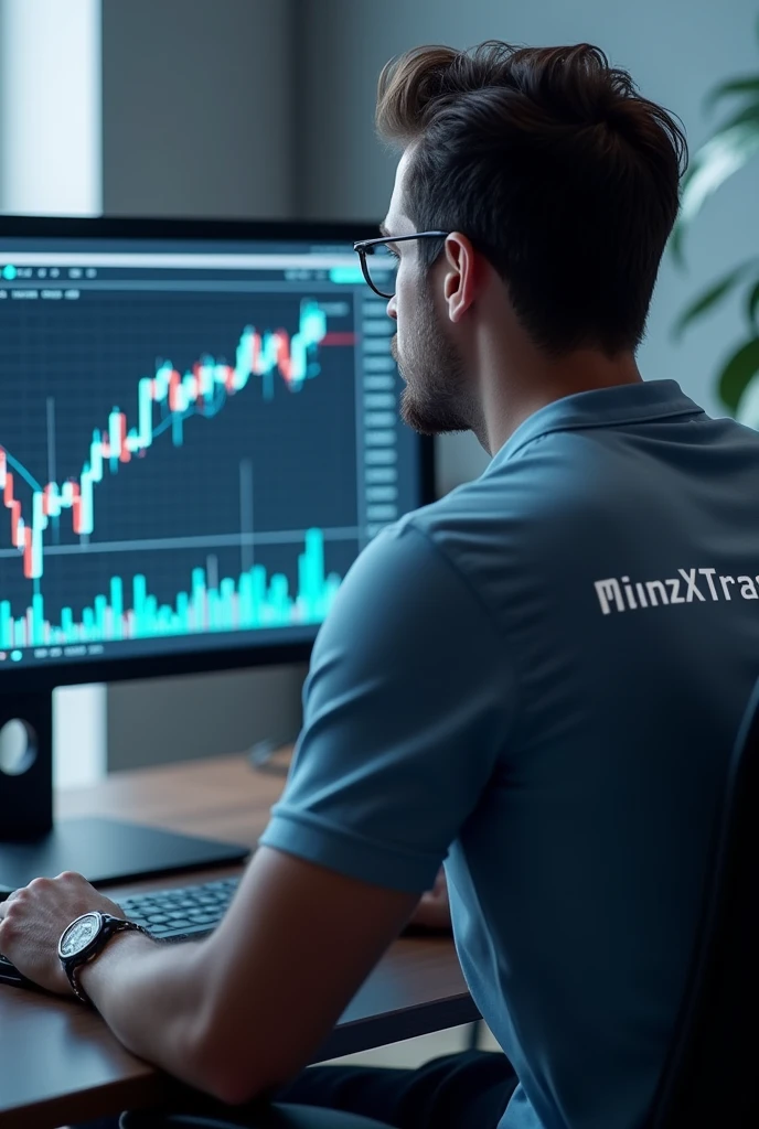 A 3D image with very clear quality, candlestik pattern,and an image of a man looking at the candlestick on his computer. Please dress the man in clothes that have the inscription MinzXTrade on the back.