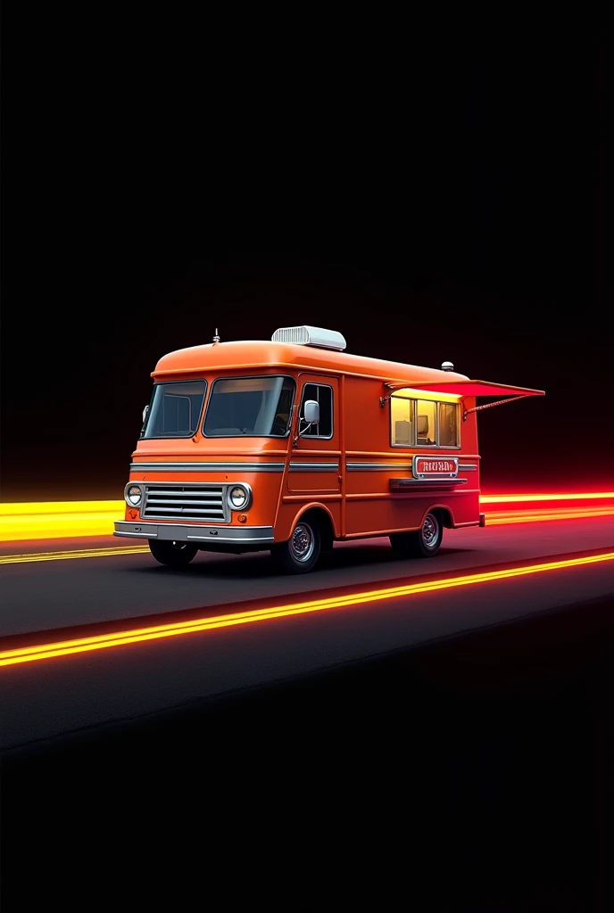 hot dog trailer, black background with two lines, 1 yellow and 1 red