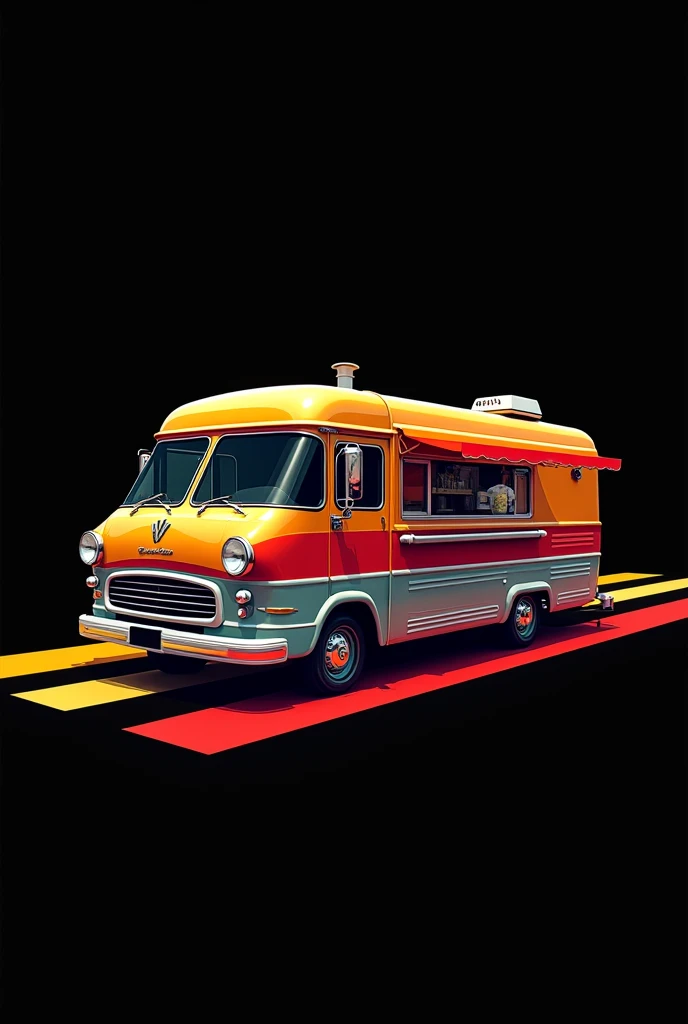 hot dog trailer, black background with two lines, 1 yellow and 1 red