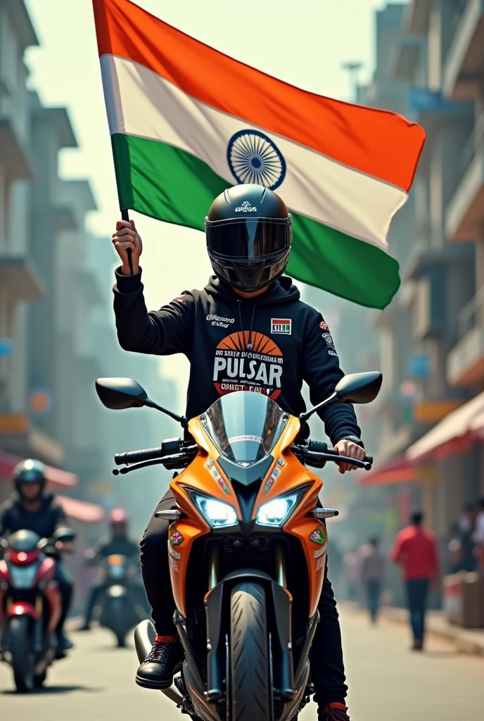 Realistic image of an Indian city road in the background. A beautiful young man stands through the hood of a ns pulsar.ninja super bike  helmet, holding a 15 August Indian flag. He is dressed in a 15 August-themed hoodie and pants with ‘od ns raider, pinned printed on sat
on the hoodie, wearing black sunglasses. The scene is vibrant and patriotic, capturing the essence of India’s Independence Day.”