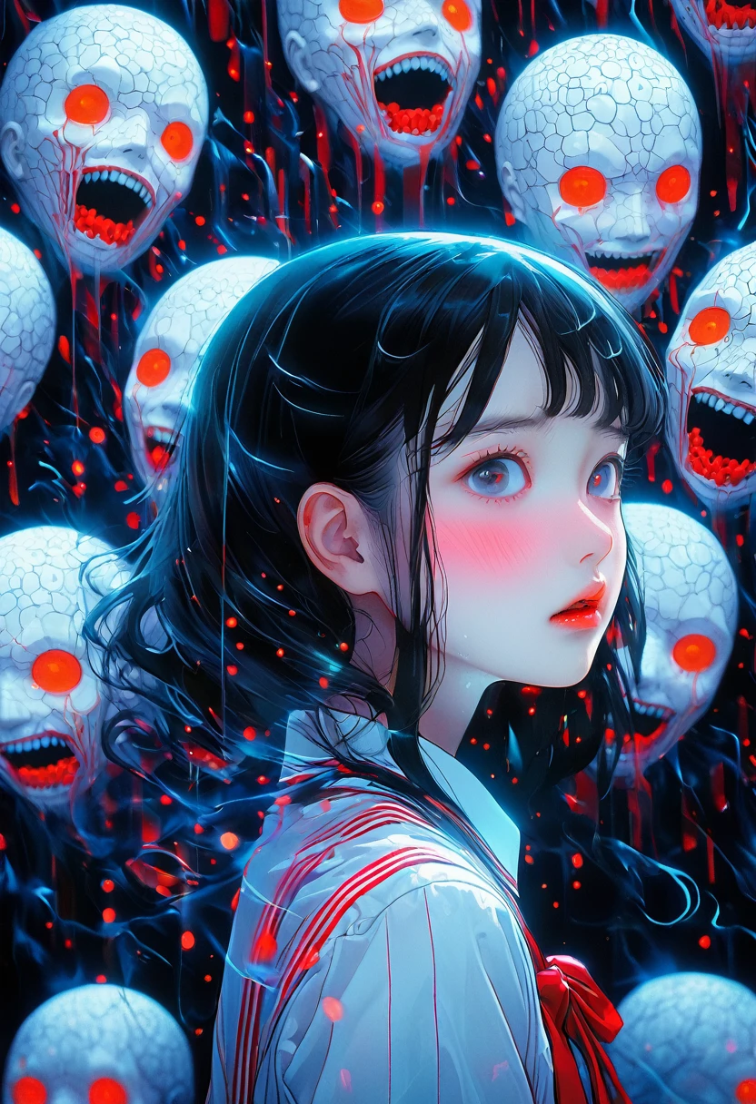 surreal horror, anime style, directed by Junji Ito, high contrast, vivid colors, eerie atmosphere, psychological tension, intricate line work, decapitated heads