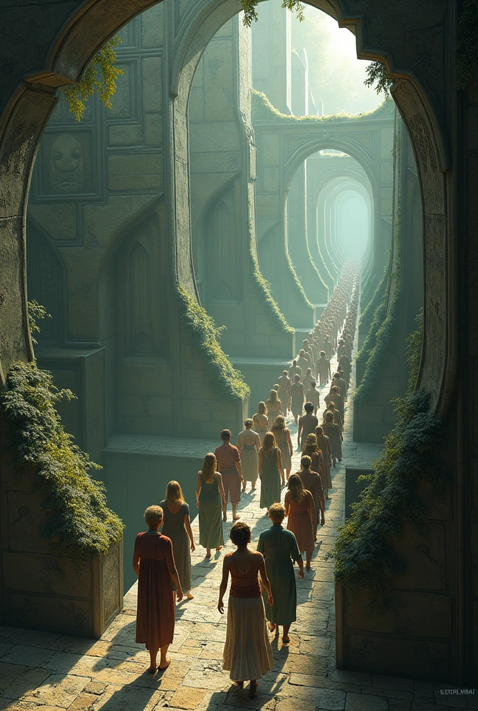 Men and women being conducted to a labyrinth