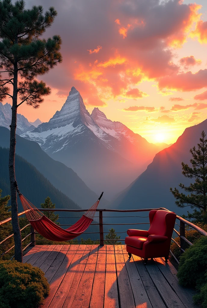 The image shows a beautiful sunset over a mountain range. The sky is filled with vibrant orange and pink hues, with the sun setting in the distance. The mountains are covered in green trees and shrubs, and the horizon is visible in the background. In the foreground, there is a wooden deck with a hammock tied to the railing. A red chair is placed on the deck, providing a comfortable spot to relax and enjoy the view. The overall mood of the image is peaceful and serene.4k realistic