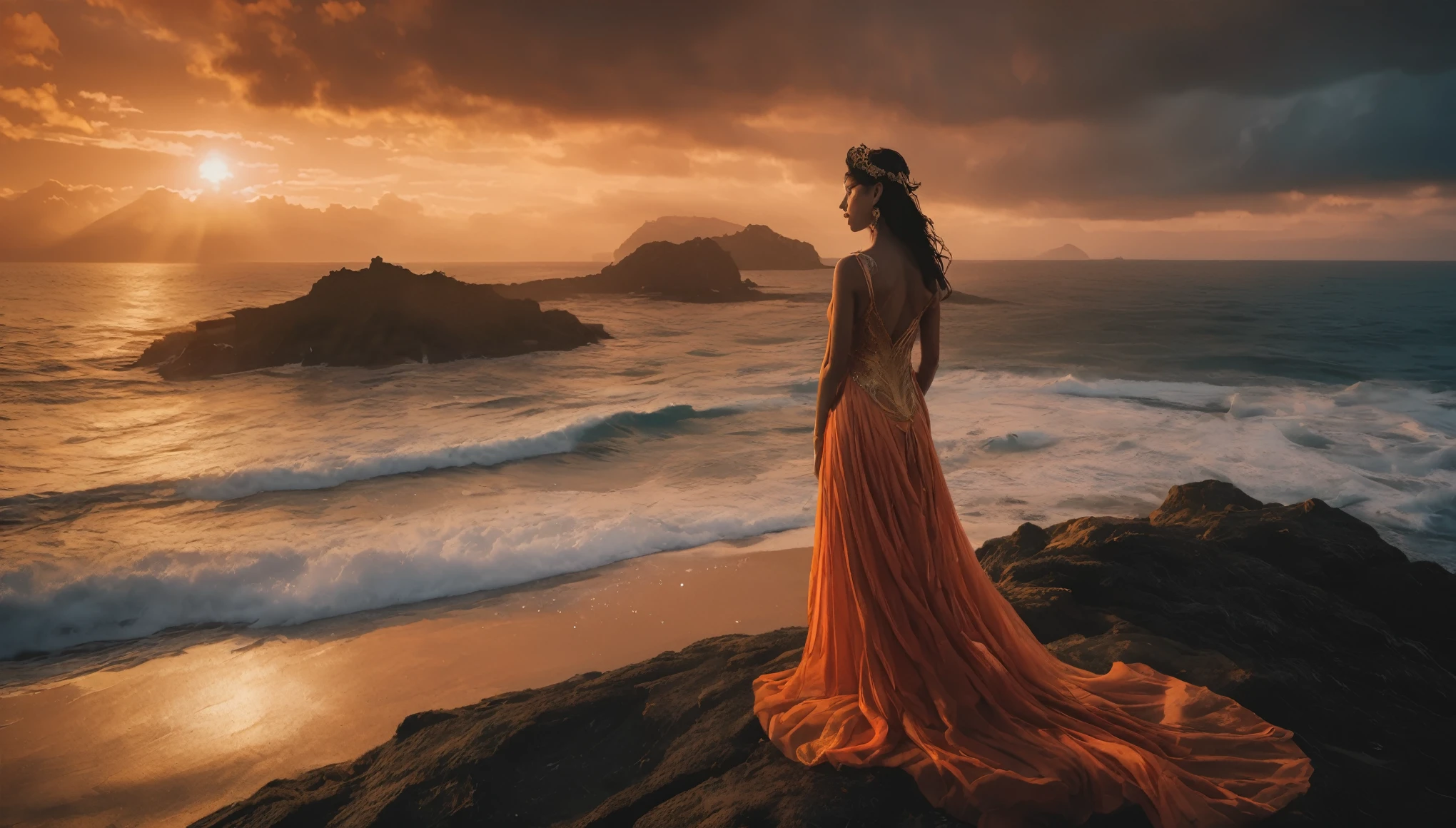 In this breathtaking image by yukisakura, we see a stunning goddess figure in the forefront, her form illuminated by the warm glow of a sunset coast. The goddess stands tall and proud, her silhouette perfectly outlined against the monochrome background. The use of double exposure adds an otherworldly element to the scene, as the vibrant colors and intricate details of the coast seamlessly blend into the goddess's form. The crisp lines and sharp focus of the image draw the eye in, making it feel as if we are witnessing this goddess in all her glory. The overall composition is a beautiful blend of fantasy and reality, capturing the essence of the goddess and the natural beauty of the coast. The use of lighting and framing adds depth and dimension to the image, making it truly breathtaking.