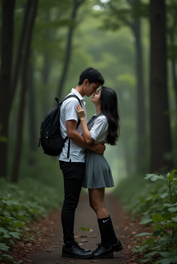 Romantic. Young indonesian Couple. both of them were wearing high school uniforms with white tops and gray bottoms, black nike shoes, (romantic lift hug). detail face. in the dark dense forest,tight dress,tight school dress,sexy figt