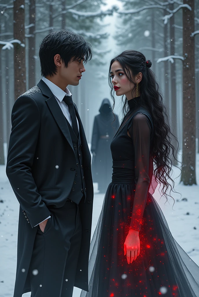 
Generate an image of a young woman, long wavy black hair, black high neck dress, blue eyes, Red lips, red energy coming out of it, in a snowy pine forest, next to a muscular young man, With a suit, medium black hair, In the background a hooded man dressed in black with his face covered