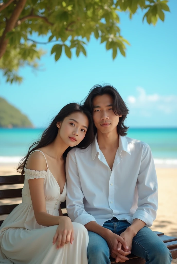 A portrait of a young Indonesian man with long straight shoulder-length hair wearing a long white slim fit shirt and a beautiful young woman wearing a long dress leaning on the man.,sitting on a bench in a beautiful park by the beautiful beach,Blue sky,Face forward to the camera