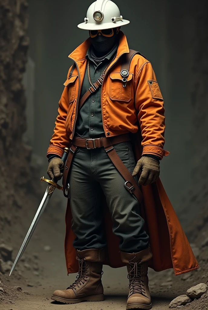Zorro, disguised as a miner, wearing a white helmet, orange jacket, safety shoes, and a surveying crown.