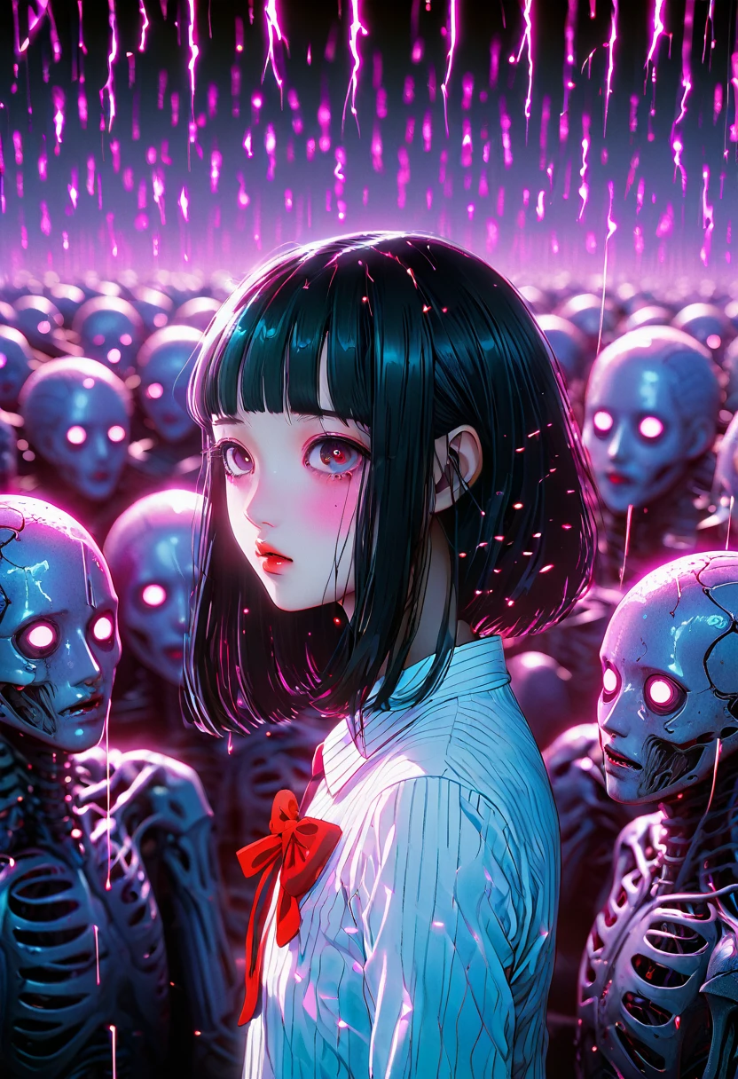 surreal horror, anime style, directed by Junji Ito, high contrast, vivid colors, eerie atmosphere, psychological tension, intricate line work, decapitated heads