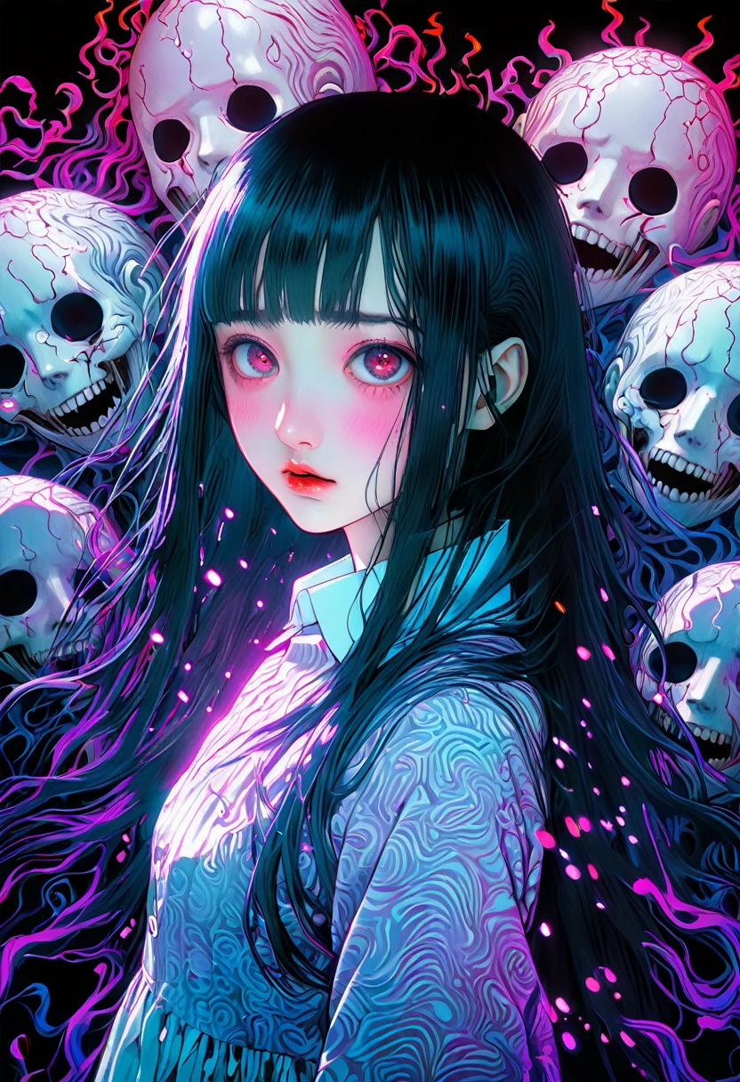 surreal horror, anime style, directed by Junji Ito, high contrast, vivid colors, eerie atmosphere, psychological tension, intricate line work, decapitated heads
