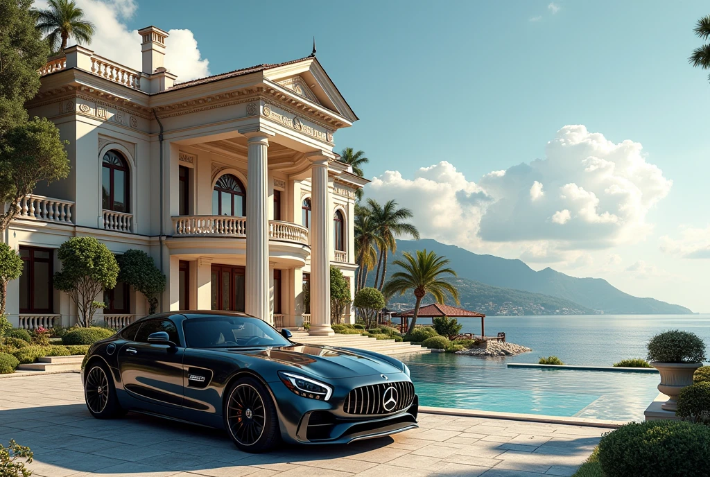luxury home with a blue car parked in front of it, mercedes coupe amg, behind sea, luxury lifestyle, luxurious environment, luxury architecture, rich house, huge mansion, rich style, luxury and elite, extremely opulent, luxurious, hyper luxurious, majestic masterpiece, wealthy, luxury, stunning grand architecture, exquisite masterpiece, flaunting his wealth, inside a grand, architectural masterpiece