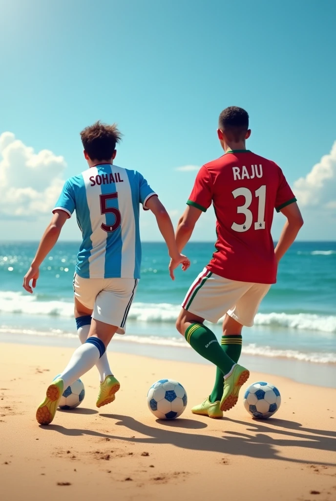 Two mans age 22 one wearing Argentina football jersey with name SOHAIL and number 5and another wearing purtugal football jersey number 31and name raju footballs under they feets background beach