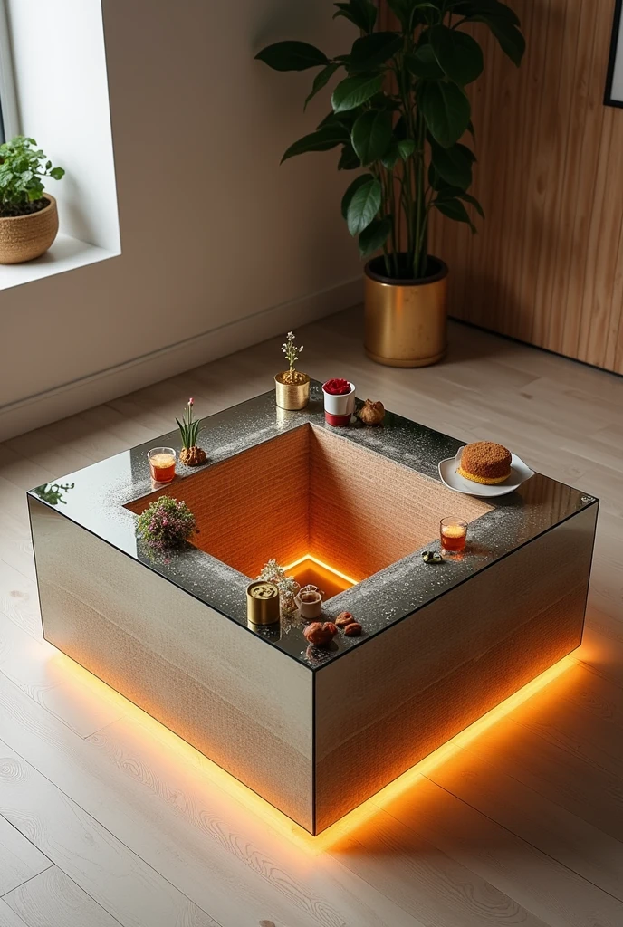 Small square coffee table handcrafted, featuring a two-way mirrored glass top that reflects a stunning visual effect inside that resembles a tunnel, a deep, endless well, and an endless staircase lit from the inside with warm golden LED lighting. The walls are covered with wallpaper, brick and paper that mimic the look of 3D textured wallpaper.. The table is decorated with simple decorations such as golden pedestals, small flowers, a cake and nuts, and contains a red rose and a tea cup. . The table is placed on a light-colored wooden floor.. The table design combines simplicity and elegance with a touch of modernity, making it a distinctive piece of art in any room or living room.