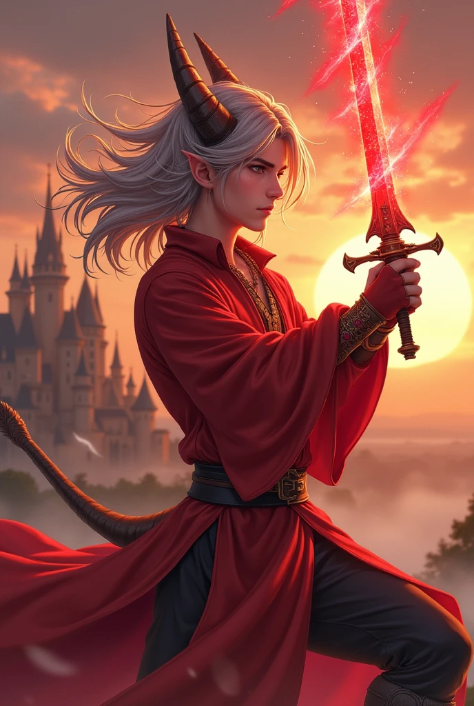 Young half dragon man, wearing red mediaval coat, red hat, long curved horns on side of the cheeks, long silver hair, castel in background, sunset, red glowing rapier, dueling pose, realistic, intricate details, warm colors, red mage, anime style