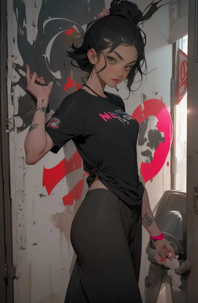 ((long shot, Whole body: 1.6)), cian:1.4, brown:1.2, purpura:1.2, yellow:1.4, magenta:1.6, (rapper girl with scary hair, Very detailed eyes and body and beautiful baggy loose clothing :1.6), tattoos, (walls with graffiti: 1.2), flower, leaves, born in the fog, lines, leaning against the wall with a spray paint in her hand, action pose, 32K.