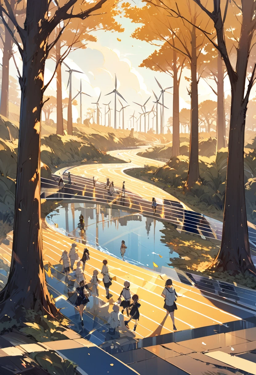 Make a drawing of golden pathway and many youth who are walking on it the background is a sustainable word , a big trees , clear water , wind turbine, solar panel