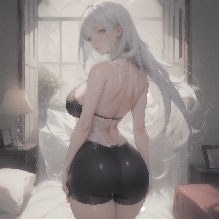 Anime Kawaii sexy Perfect Slim sensual body large breast and huge thighs, An intricate and highly detailed illustration of anime (Young girl) (best quality:1.4), foco Farbeporal, (cute Face), Artwork, Ultrarealistic, (((best quality))), ((appealing Finger)), Beautiful character design, ,Lighting perfeita, fullcolor, em chamas_正面_Face_Lighting, ultra high resolution, high resolution, absurderes:1.2, bokeh:1.2, Lens flare, (Vibrant_Farbe:1.2), (appealing, medium breasts:1.2), (thick-thighs:1.1), thick,
Animated female character, lying in the bed, main view, pale skin, Face covered by hair, ((wearing tight lycra shorts Sexy lingerie seducive lace lingerie)), ((wearing ultra-tight black lycra shorts and white main)), legs spread open, ((Sexy lingerie)), silver necklace with pendant, wrinkles, Red lips, long hair, big ass view, ((back view)), ass view, emphasize the back, direct vision 100% main