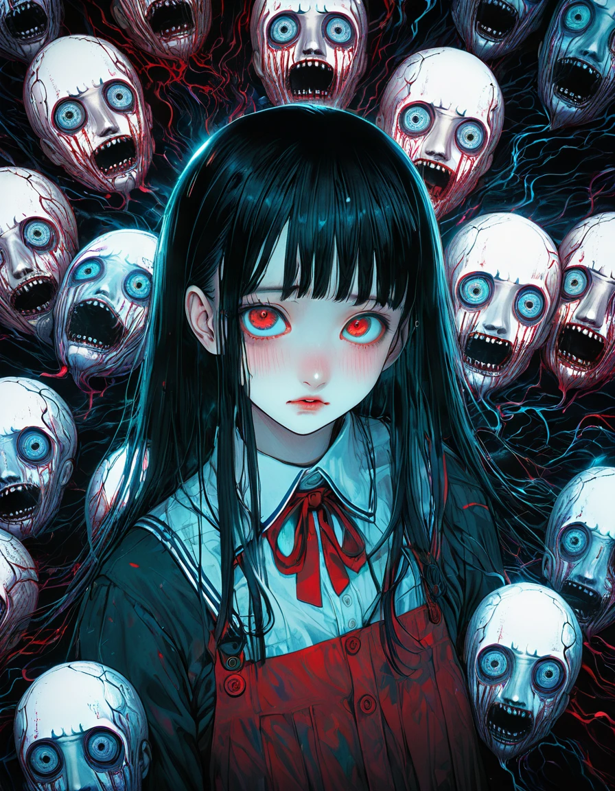 surreal horror, anime style, directed by Junji Ito, high contrast, vivid colors, eerie atmosphere, psychological tension, intricate line work, decapitated heads