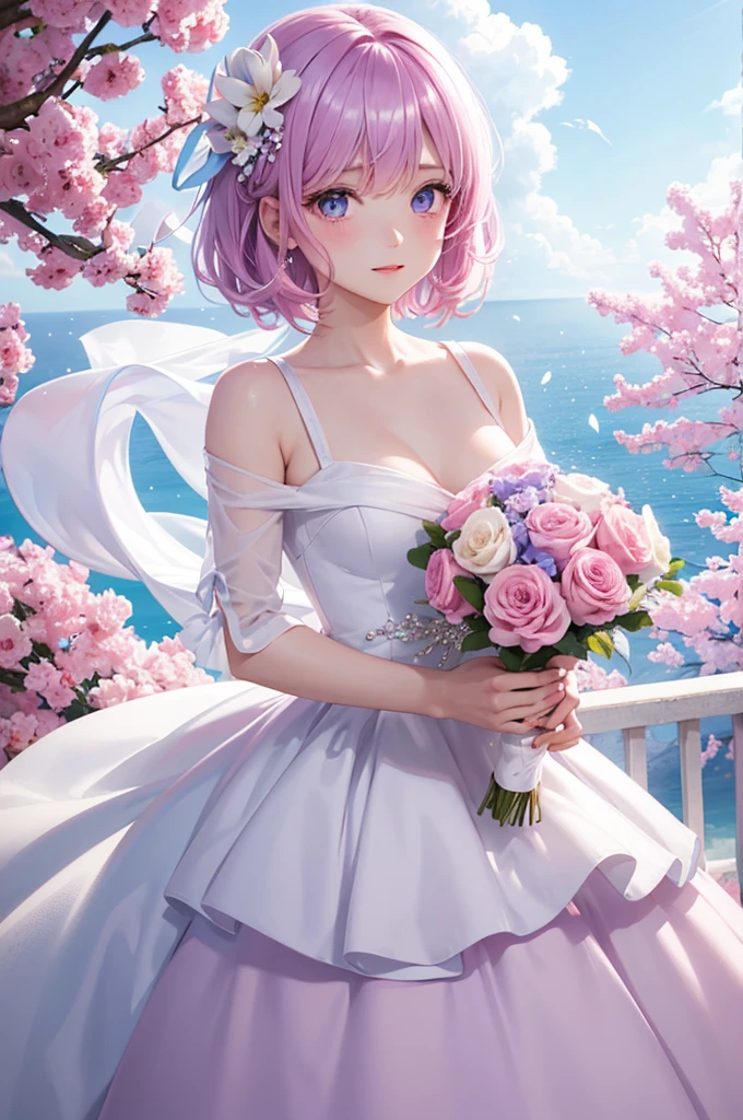 Pink and light blue dreamy hair　Wave Shorthair　Purple Eyes　Beauty　Starry Dress　White bouquet　beautiful