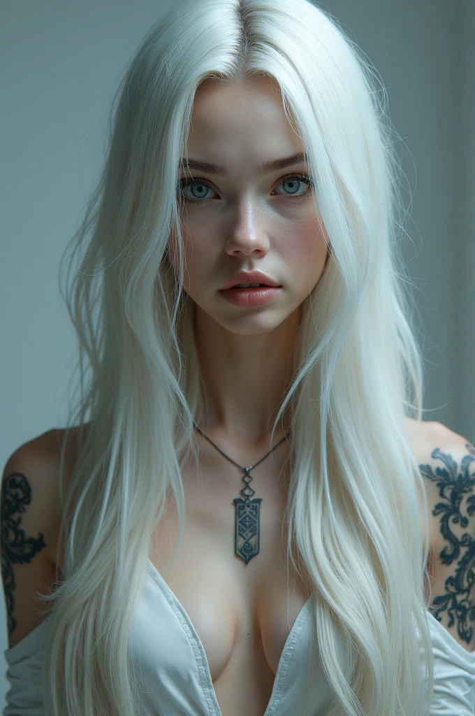 A woman with white hair and blue eyes and a tatto