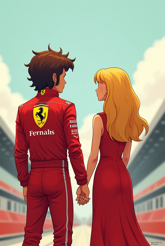 A formula one driver wearing his suit.of prancing lion]
Standing on side holding his helmet 
His hair should be wavy brown hair  with olive skin 
This picture should be cartoonish or illustrated  
A girl standing on side they should be standings opposite to eacy other. She is blond 
It should be faceless more like 2d drawing and background is some colors 
Thir face shouldn't be seen and they are facing backs
The background upper size should left for tutle
