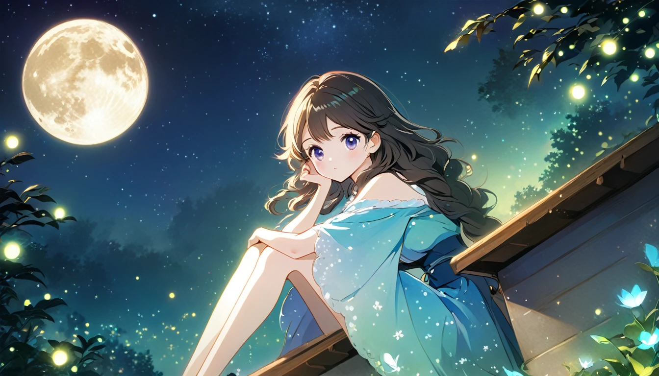 Anime girl sitting on roof watching the moon, calm evening. Digital illustration, dreamy night, Makoto Shinkai Cyril Rolando, night under the starry sky, cozy night fireflies, Moonlight, beautiful moonlight night, Anime art wallpaper 8 K, by Yang J, the glow of the moonlight, anime beautiful peace scene, Anime art wallpaper 4K